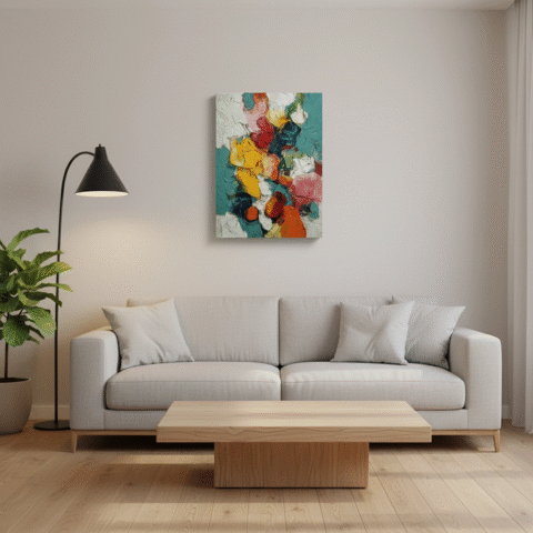 "Dance of Hues" painting adding a pop of color and artistic energy to a peaceful bedroom above the headboard.